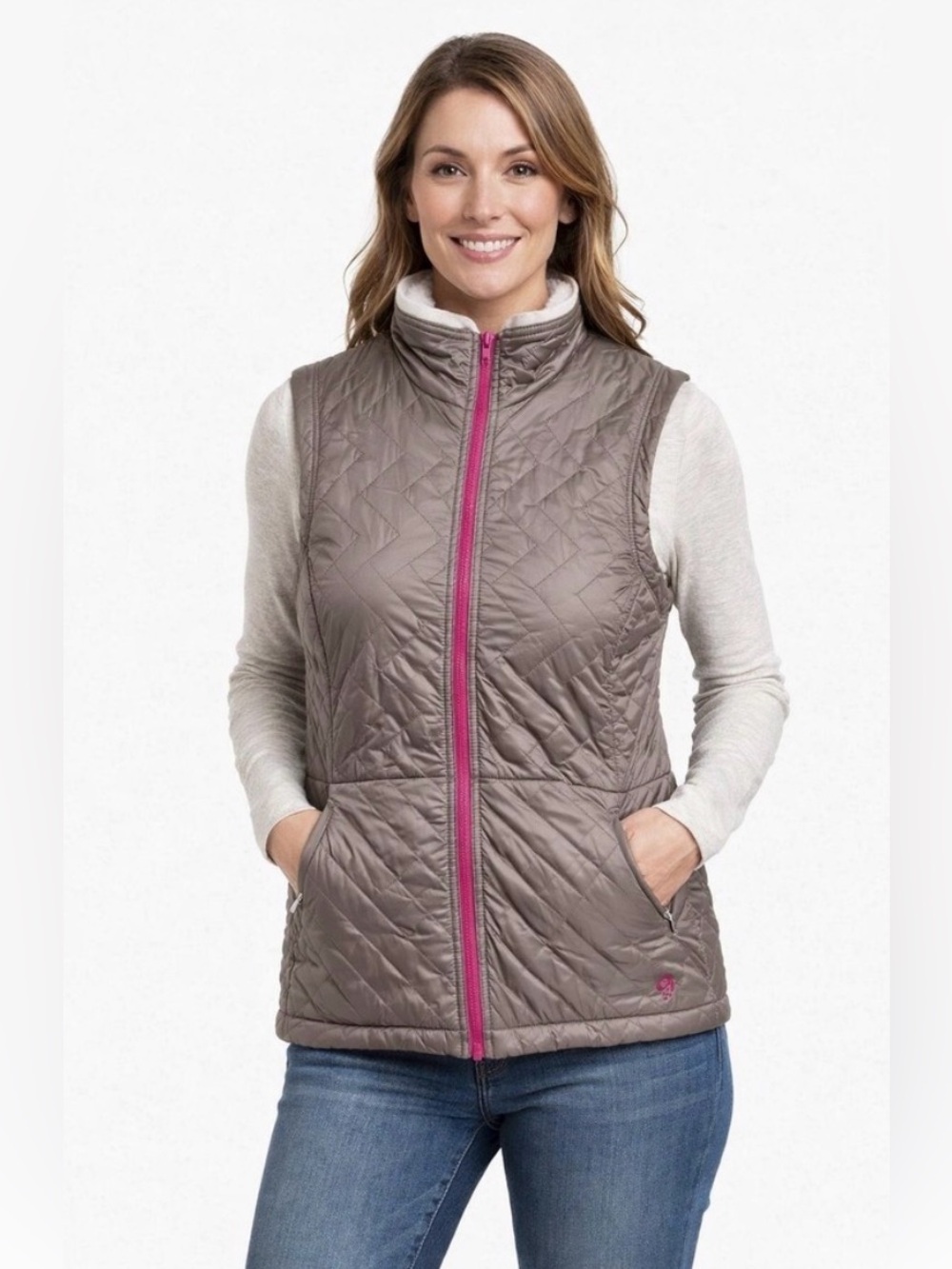 Mountain Hardwear Reversible Quilted Puffer Sherpa Fleece Vest Taupe Pink M